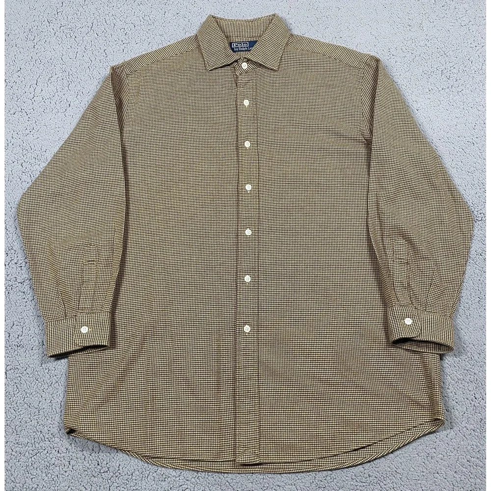Polo Ralph Lauren Shirt‎ Mens Large Brown Tan Houndstooth Long Sleeve Button Up